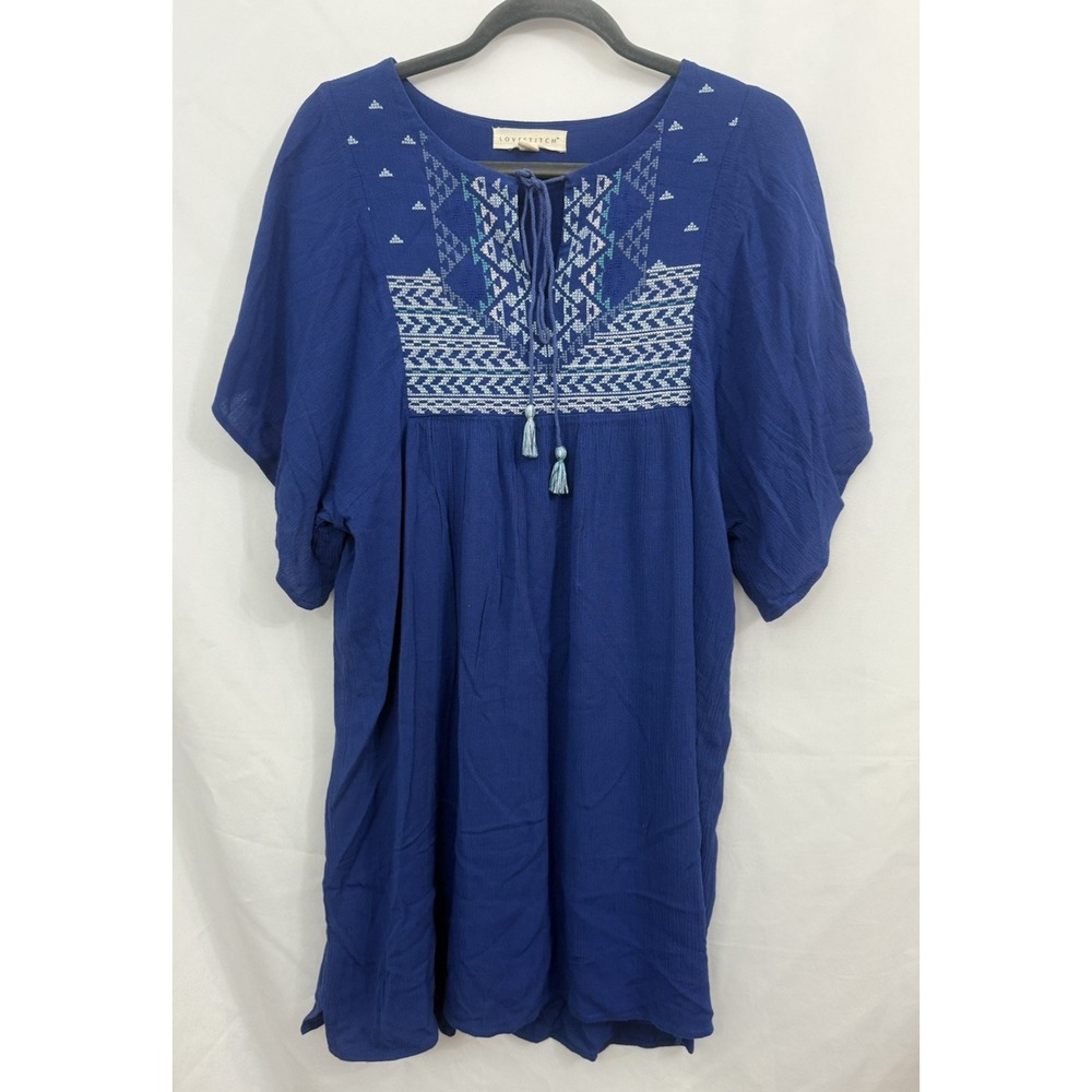 Lovestitch Blue Embroidered Gauze Short Sleeve Shift‎ Dress Womens Size S